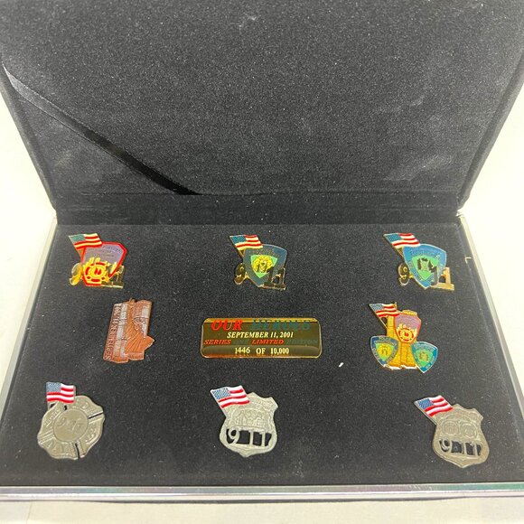 911 Commemorative Pin Set NYC FD, PD, and Port Authority Boxed Set of 9 Pins - Picture 1 of 5